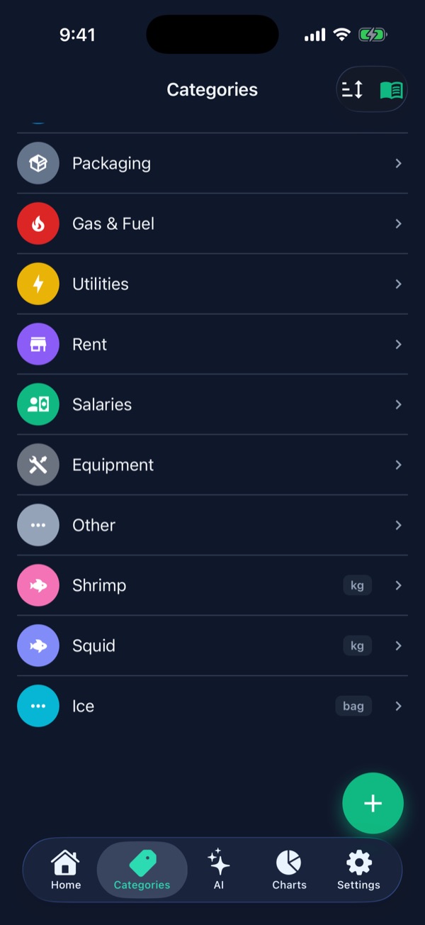 The category list with Shrimp, Squid and Ice added at the end