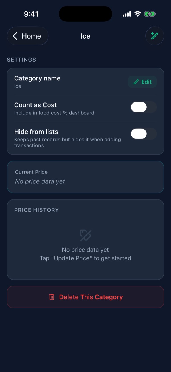 Category details for Ice with the Edit button and the Hide from lists switch