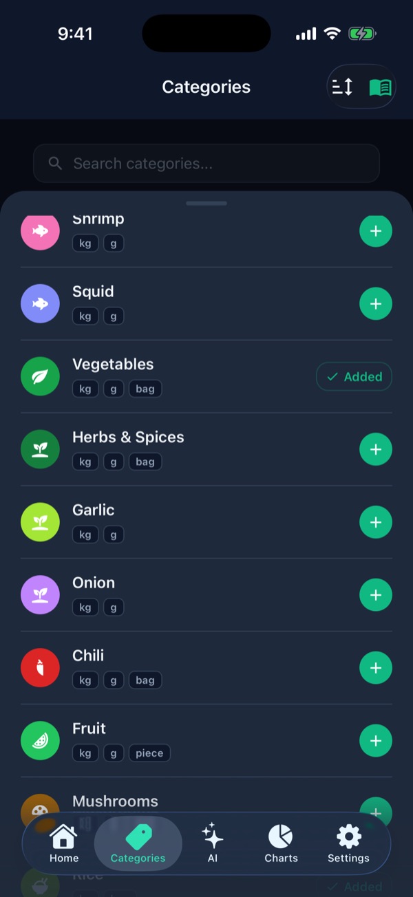 The category library showing Shrimp, Squid and Garlic with add buttons