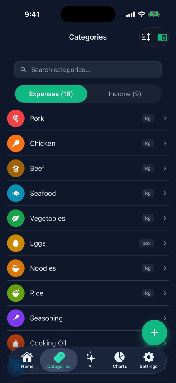 The Categories tab in Bunchee showing 18 expense categories