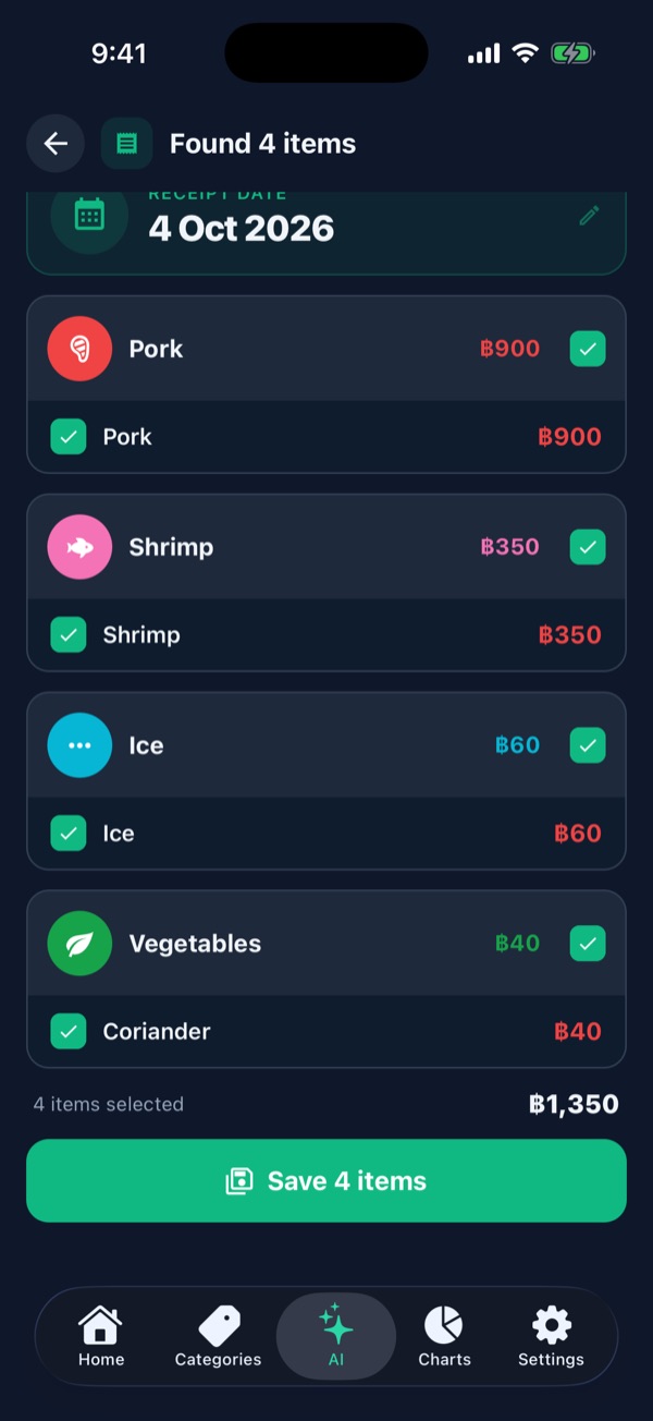 AI review screen: Found 4 items grouped by category, with the Save 4 items button