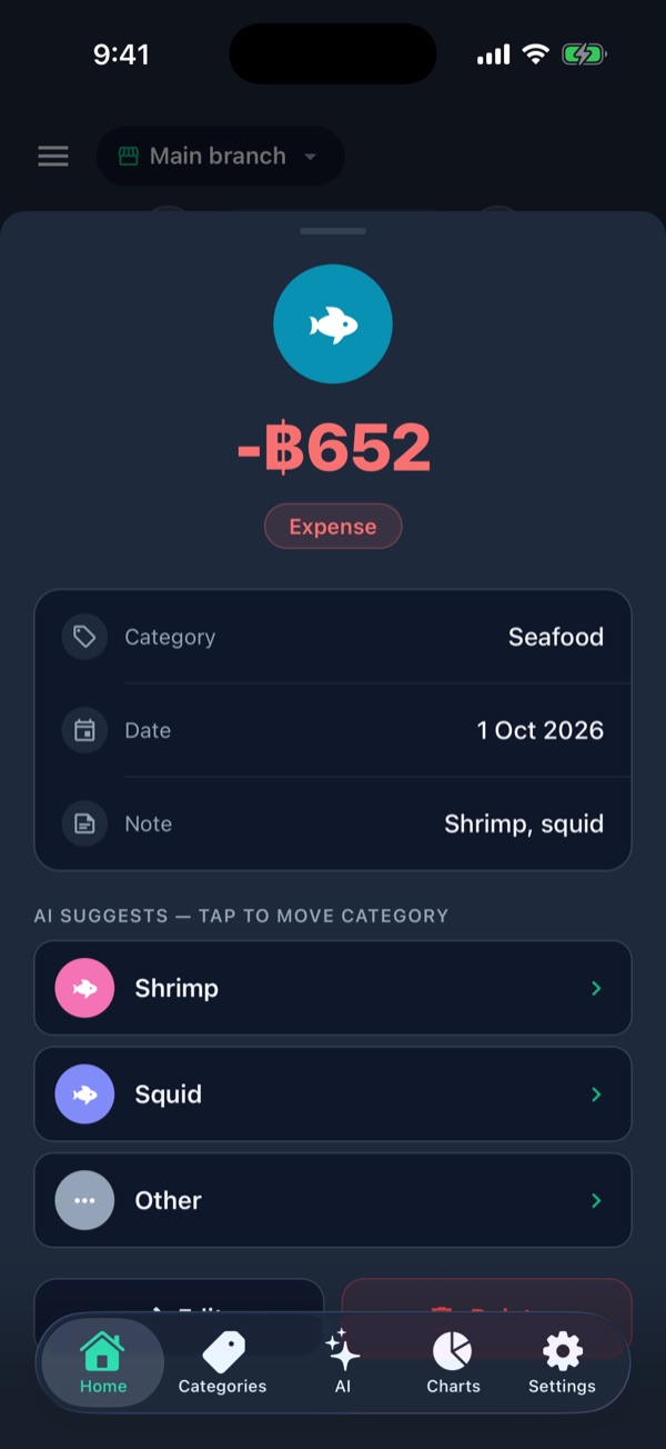 Item details for “Shrimp, squid” in Seafood; the AI suggests moving it to Shrimp or Squid