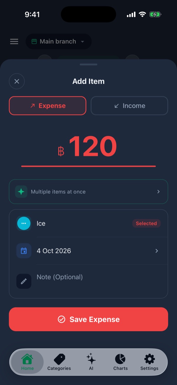 Add Item form with ฿120, the Ice category and the Save Expense button