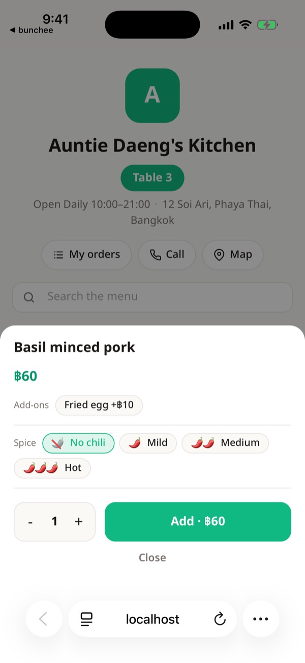 Customer menu page at Table 3: Basil minced pork with the Fried egg add-on and spice levels
