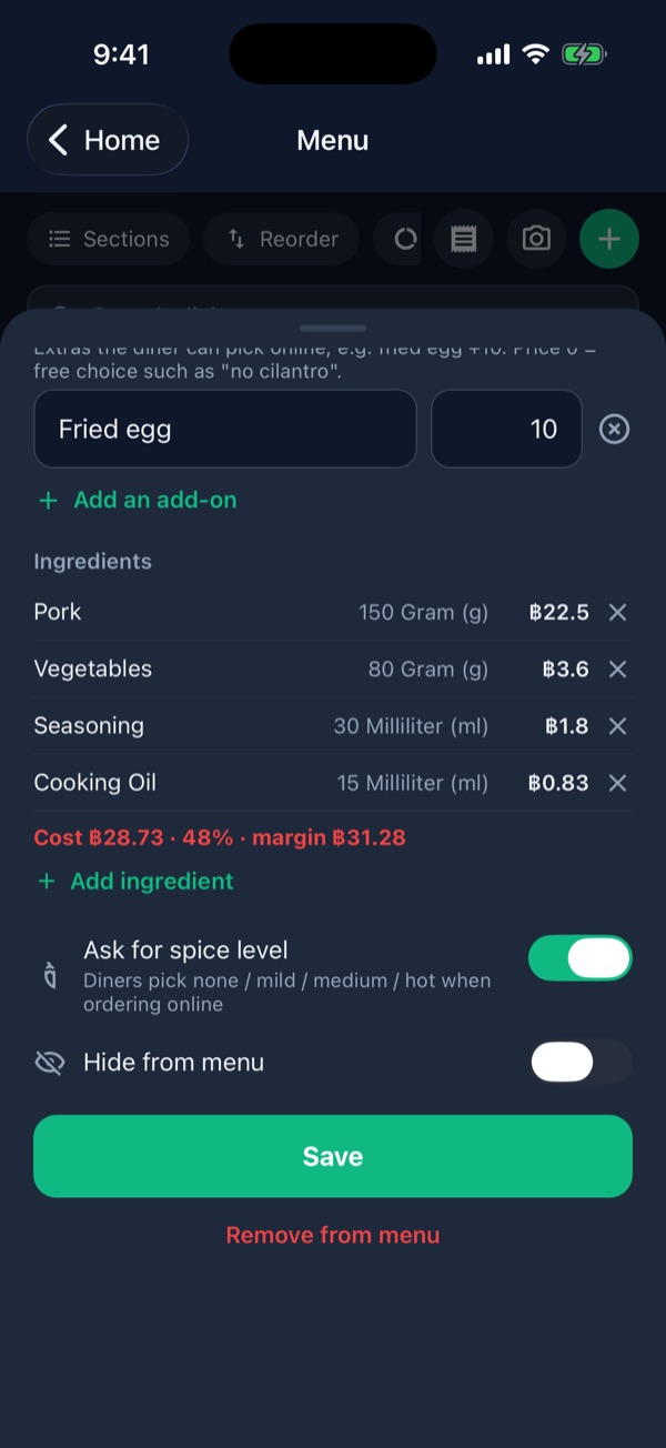 Editing Basil minced pork: Fried egg add-on, 4 ingredients, cost ฿28.73 and the Ask for spice level switch