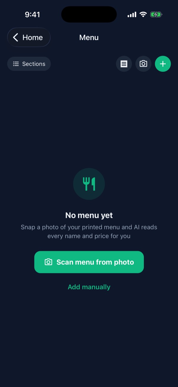 Empty Menu screen with the Scan menu from photo button