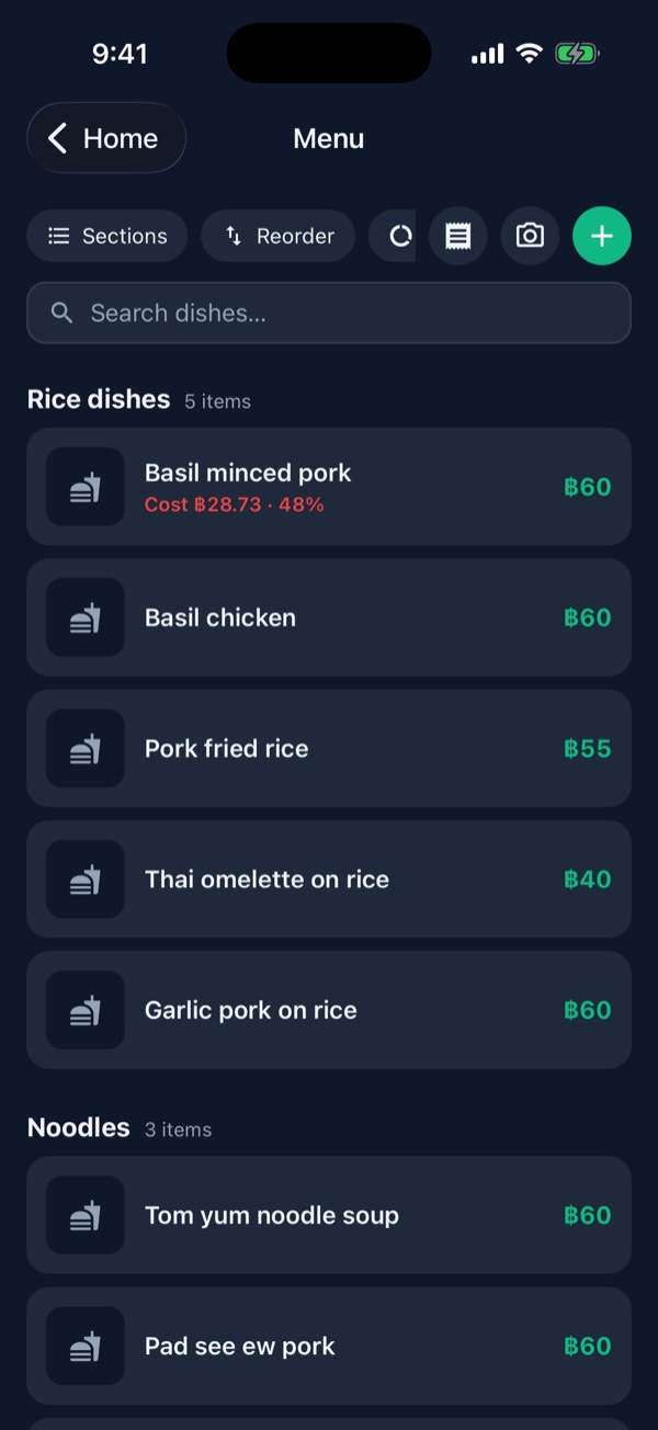 Menu list: Basil minced pork shows Cost ฿28.73 · 48% in red