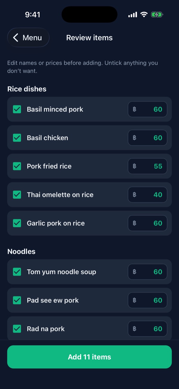 Review items screen listing the rice dishes the AI read, with prices