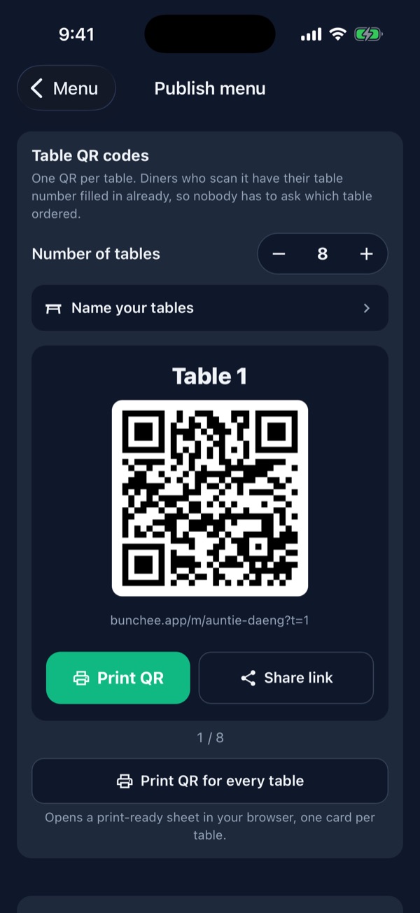 Table QR codes set to 8 tables, showing Table 1's QR and Print QR for every table