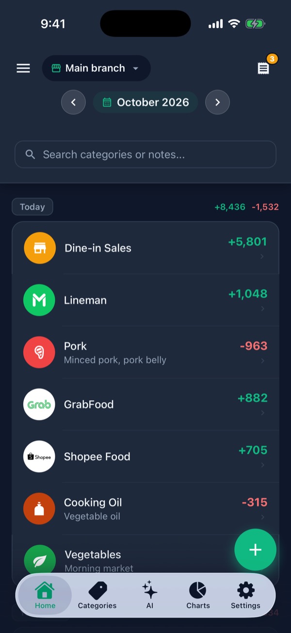 Home with the receipt icon at the top right showing 3
