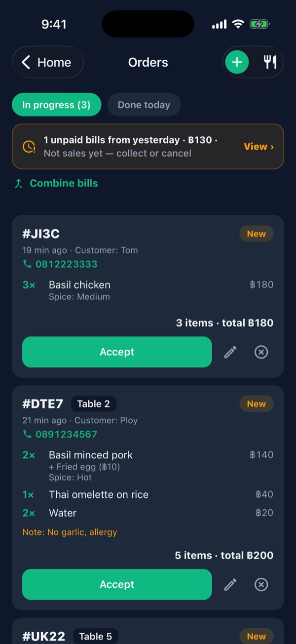 Orders screen with the unpaid-bills banner, Combine bills and a new order with the Accept button