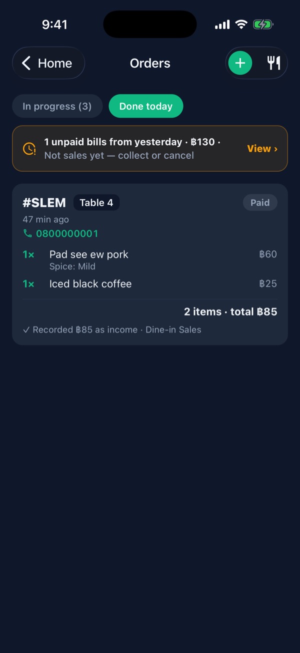Done today tab: Table 4 order paid, Recorded ฿85 as income