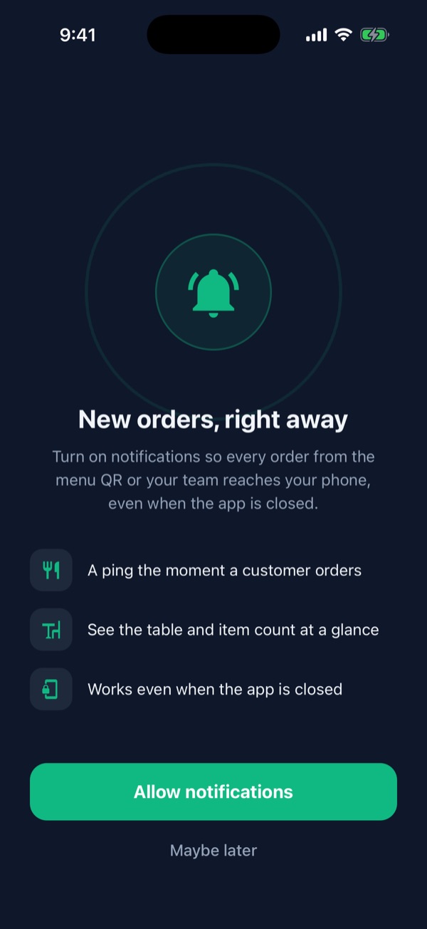 Notification prompt: New orders, right away, with the Allow notifications button