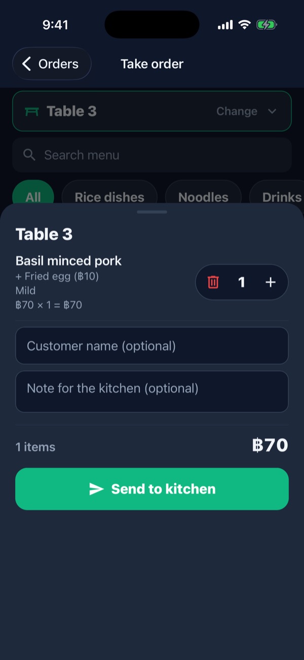 Order summary for Table 3: Basil minced pork with fried egg ฿70, and Send to kitchen