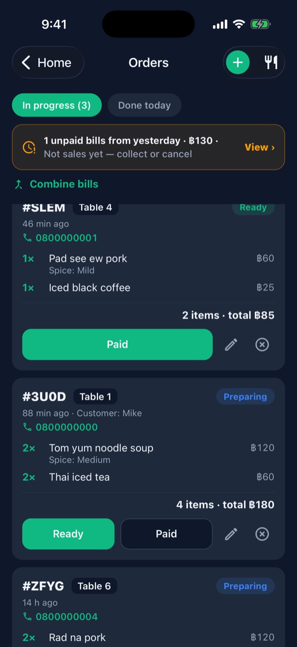 Table 4 order with the Paid button; Table 1 order with Ready and Paid buttons