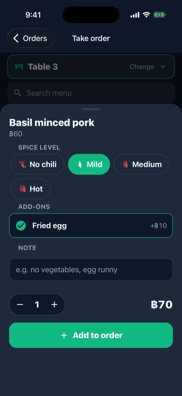 Dish sheet for Basil minced pork: spice levels, Fried egg add-on and Add to order