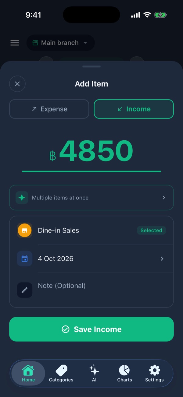 Add Item form set to Income with ฿4850 in Dine-in Sales