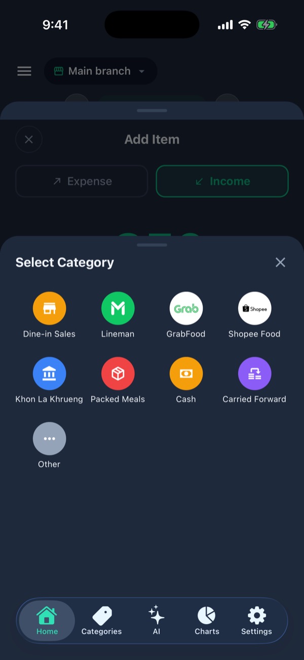 Income category picker: Dine-in Sales, Lineman, GrabFood, Shopee Food