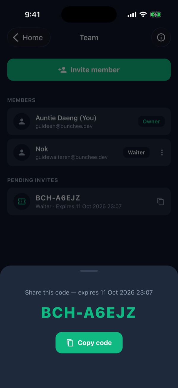 Invite code BCH-A6EJZ with the Copy code button, expiring in 7 days