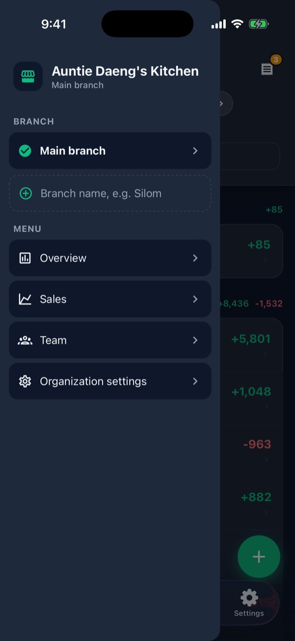 Side menu for Auntie Daeng's Kitchen with Overview, Sales, Team and Organization settings