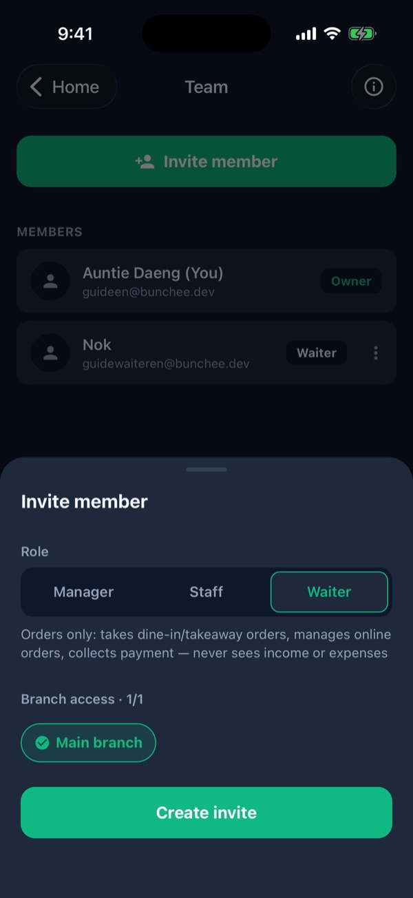 Invite member sheet with the Waiter role, Main branch and Create invite