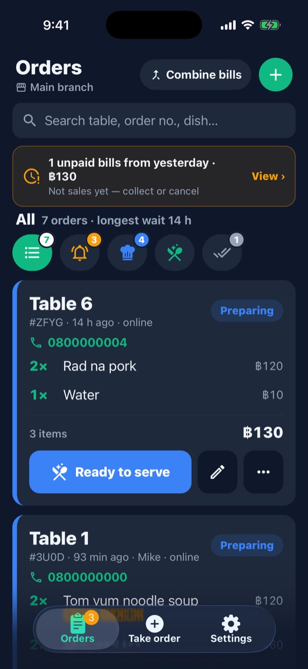 Waiter Orders screen: five filter buttons, Table 6 card with Ready to serve, and three tabs at the bottom