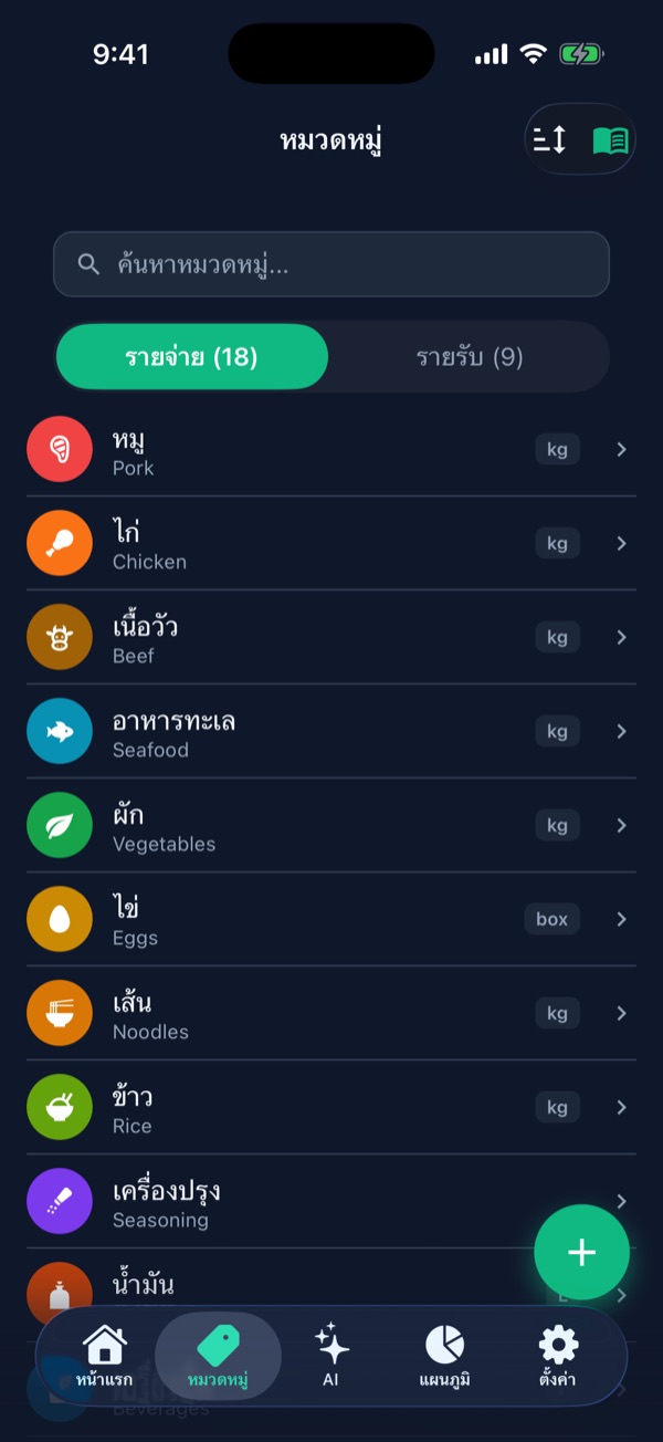 หน้าหมวดหมู่ในแอป Bunchee แสดงหมวดรายจ่าย 18 หมวด