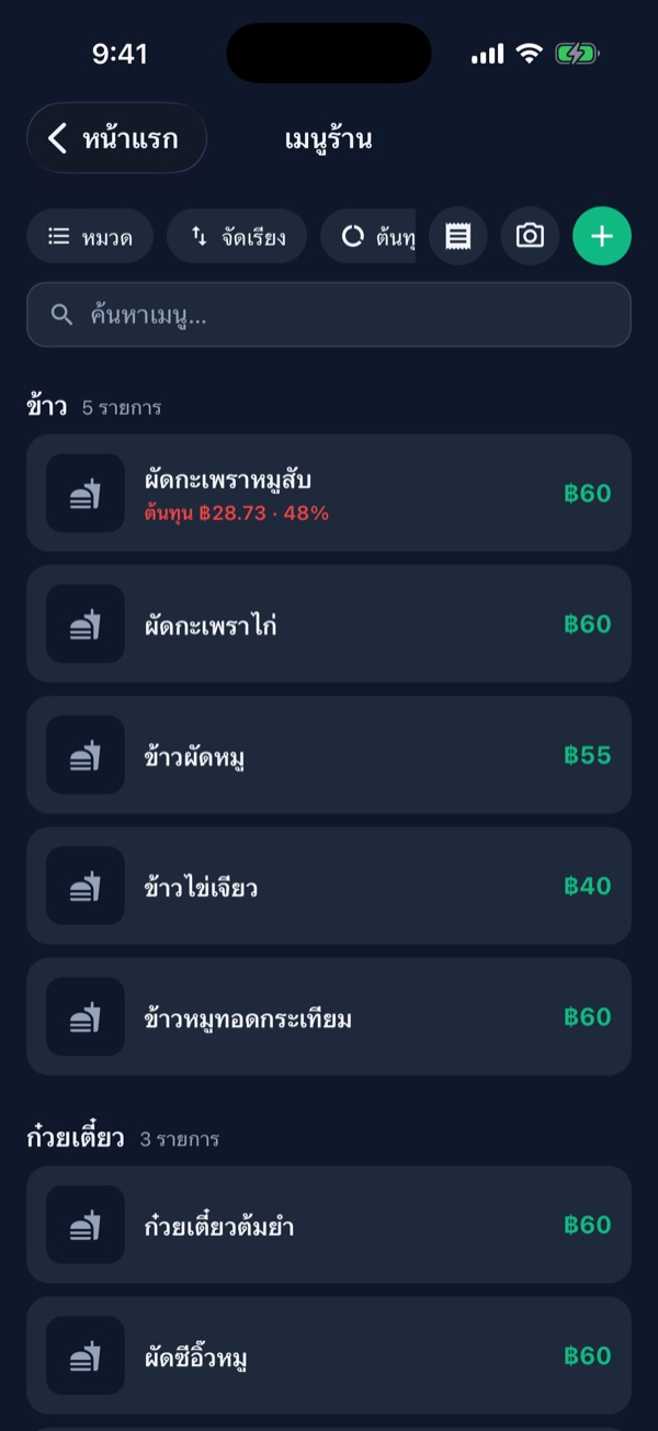 รายการเมนู ผัดกะเพราหมูสับแสดงต้นทุน 28.73 บาท 48% สีแดง