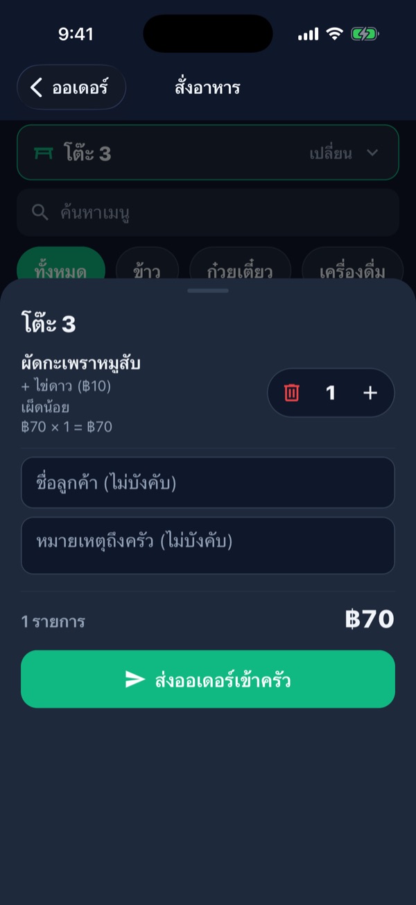 สรุปรายการโต๊ะ 3 ผัดกะเพราหมูสับเพิ่มไข่ดาว 70 บาท และปุ่มส่งออเดอร์เข้าครัว
