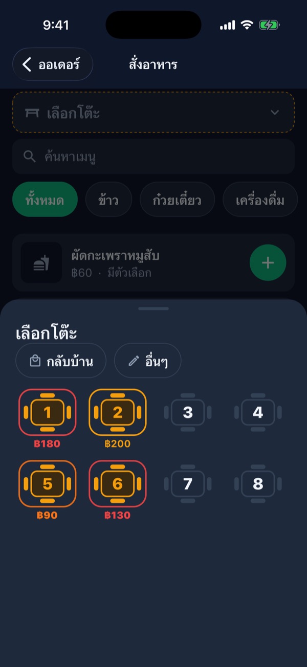ผังโต๊ะ โต๊ะ 1 และ 6 ขอบแดง โต๊ะ 2 ขอบส้ม พร้อมยอดบิล