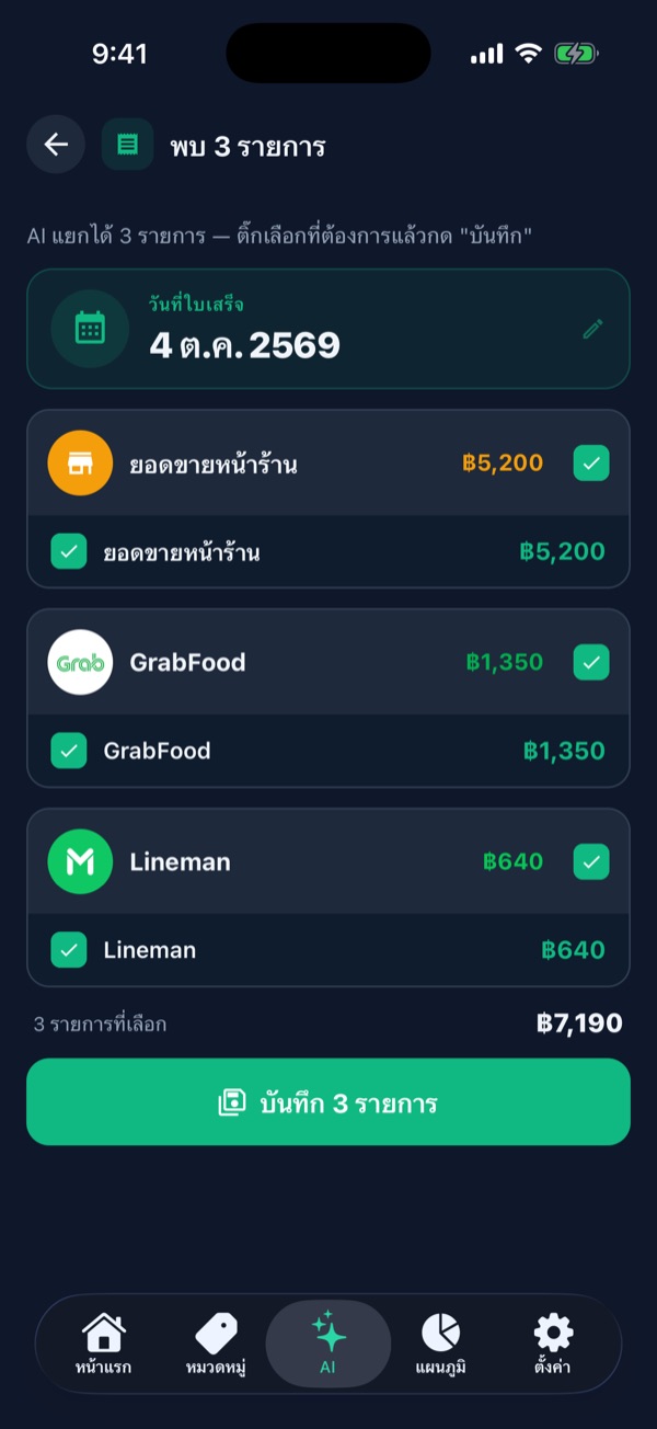 AI แยกยอดขายเป็น 3 รายการ: ยอดขายหน้าร้าน GrabFood Lineman